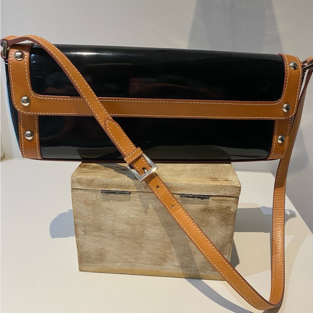 MAXX New York brand black patent clutch with cognac colour leather trim, classic